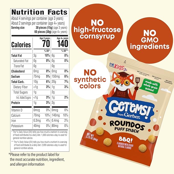 Get'ems! from Gerber, Snacks for Kids, BBQ Roundos, Made with Whole Grain Quinoa, Calcium to Support Strong Bones - 5 pack