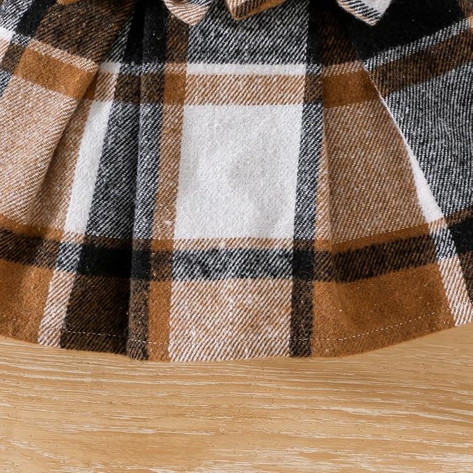 Toddler Baby Girl Plaid Dress Puff Sleeve Bow Patchwork Ribbed Shirts Dress Plaid Fall Winter Outfits with Headband