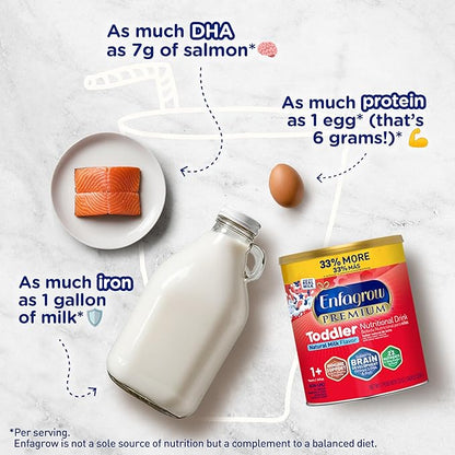 Enfagrow Premium Toddler Nutritional Drink, Made with Real Milk, Brain-Building Omega-3 DHA, Nutrients and Prebiotics for Growth & Immune Support, Non-GMO, Toddler Milk Powder, 32 Oz Can