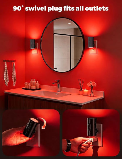 Night Light, 2-Pack Dimmable Plug-in Night Light with Auto On/Off & 90°Rotatable Plug, 0-100LM Adjustable Brightness,1W Ultra Low Energy for Bedroom, Hallway, Bathroom, Nursery, Kids Room, Red