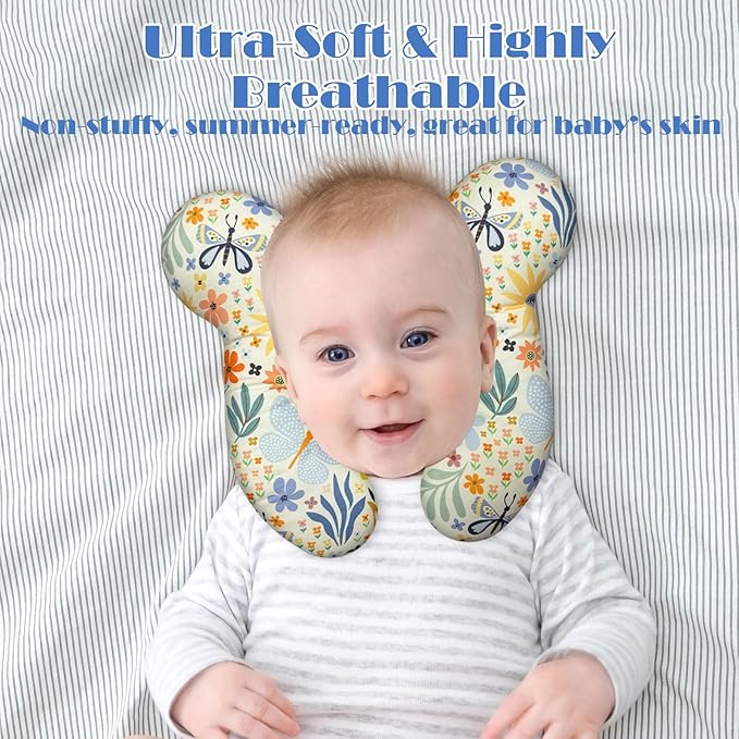 Baby Head Support Pillow for Newborn Toddler, Baby Neck Pillow Upgraded Comfortable Sleep Cushion for Car Plane Stroller Pushchair - Flower A