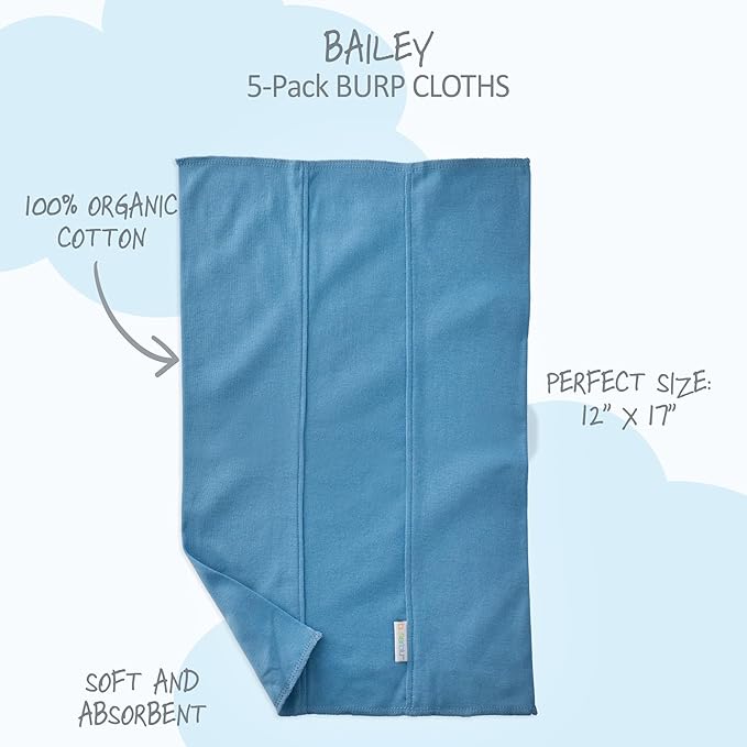 Bailey 5-Pack Burp Cloths 100% Organic Cotton Knit for Newborn & Baby Boys & Girls, Blue, One Size