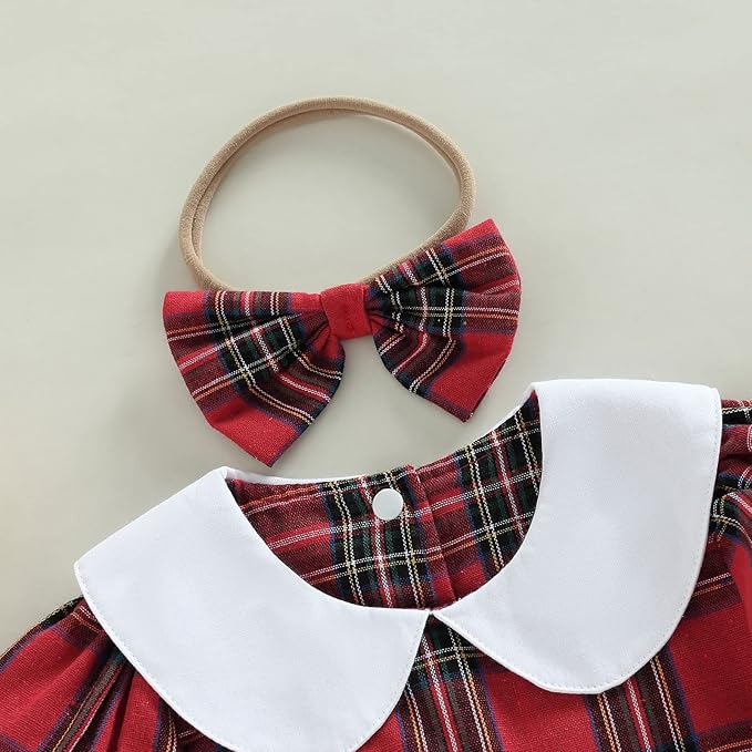 Hnyenmcko Newborn Baby Girl Christmas Clothes Infant Red Plaid Romper Dress Ruffle Long Sleeve Ribbed Bodysuit Headband Set