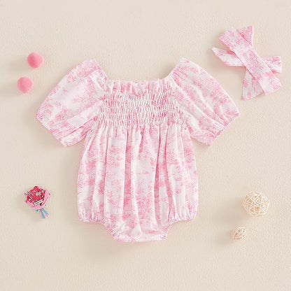 Infant Baby Girls Romper Floral Ruffle Sleeve Pleated Smocked Bubble One Piece Ruched Jumpsuit Summer Bodysuit