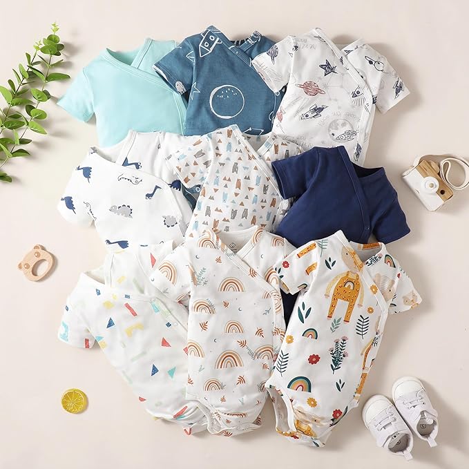 DEFAHN Baby Side Snap Bodysuit Kimono Onsies Newborn Boy Girl 3-Pack 100% Cotton Basic Pattern Kimono Bodysuits