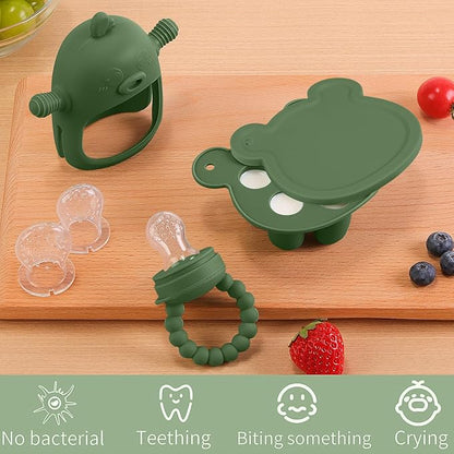 Baby Fruit Food Feeder Breastmilk Popsicle Molds for Teething Relief - 3 Pack Feeding Sets -1 Freezer Tray with Lid & 1 Teether & 1 Silicone Pacifier + 3 Extra Sizes Infant Feed Mesh (Olive Green)