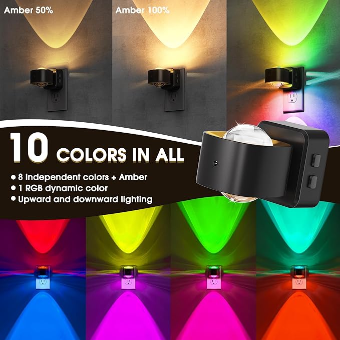 Briignite Night Light Projector, RGB Color Changing Night Light for Kids, 180° Rotating Night Lights Plug into Wall, Dusk to Dawn Sensor, RGB Ambient Lighting for Gaming Room Bathroom Gifts, 2 Pack
