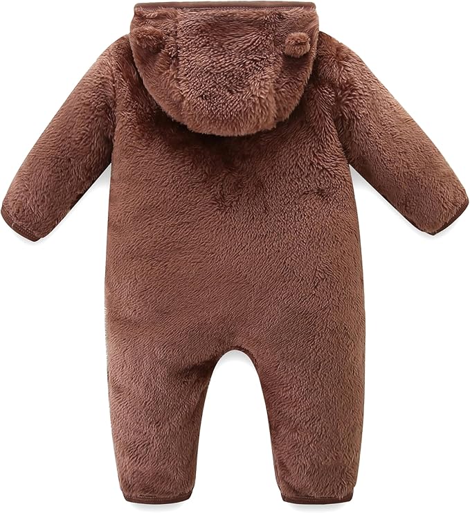 Newborn Baby Fleece Jumpsuit Unisex Infant Bear Hooded Onesie with Mitten Cuffs Winter Warm Snowsuit Outfit