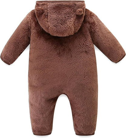 Newborn Baby Fleece Jumpsuit Unisex Infant Bear Hooded Onesie with Mitten Cuffs Winter Warm Snowsuit Outfit