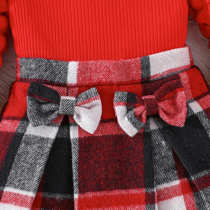 Toddler Baby Girl Plaid Dress Puff Sleeve Bow Patchwork Ribbed Shirts Dress Plaid Fall Winter Outfits with Headband
