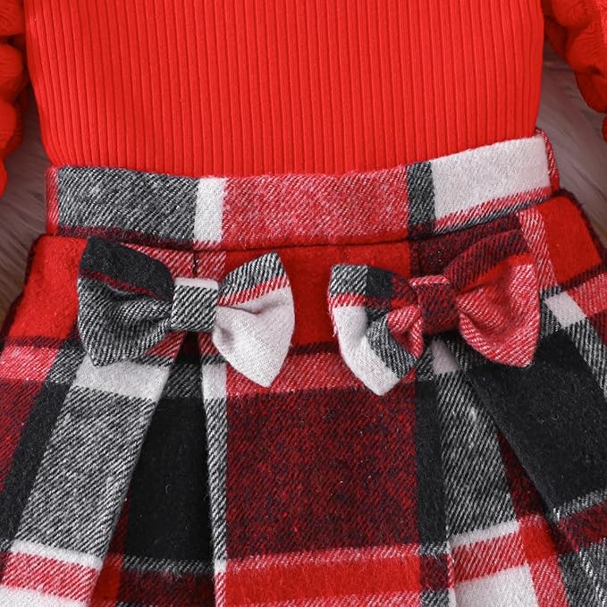 Toddler Baby Girl Plaid Dress Puff Sleeve Bow Patchwork Ribbed Shirts Dress Plaid Fall Winter Outfits with Headband