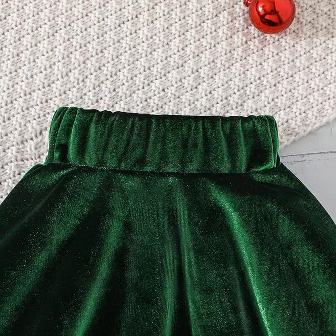 Baby Girls Christmas Outfit Long Sleeve Ruffled Romper+Green Red Velvet Tutu Skirt+Headband Xmas Dress