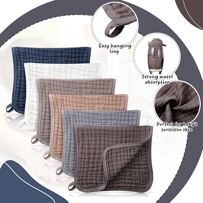 Irenare 6 Pack Muslin Burp Cloths Cotton Baby Burping Rags Large 20 x 10 Inch 6 Layers Spit up Rags Soft Absorbent Multicolor Wash Cloths Diapers for Newborn Baby Girl Boy(Simple Colors)