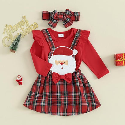 Hnyenmcko Newborn Baby Girl Christmas Clothes Infant Red Plaid Romper Dress Ruffle Long Sleeve Ribbed Bodysuit Headband Set
