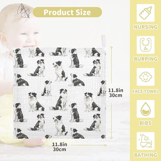 vvfelixl Baby Muslin Washcloths Border Collies Poses Baby Burp Cloths Cotton Babys Face Towel for Newborn Infants Boys Girls Soft and Absorbent 11.8 X 11.8 in, 3 Pack