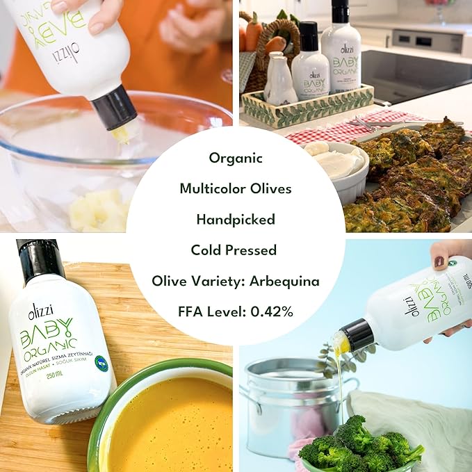Olive Oil for Baby Food - Olizzi Baby Organic Extra Virgin Olive Oil, Cold Pressed, USDA Organic, Kosher, Delicious, Smooth, Award Winning, Polyphenol Rich, 16.9 FL OZ (500 ML)