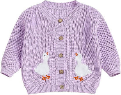 Baby Girl Cardigan Sweater Toddler Goose Embroidered Button Down Knit Sweaters Fall Winter Knitwear Jacket Clothes