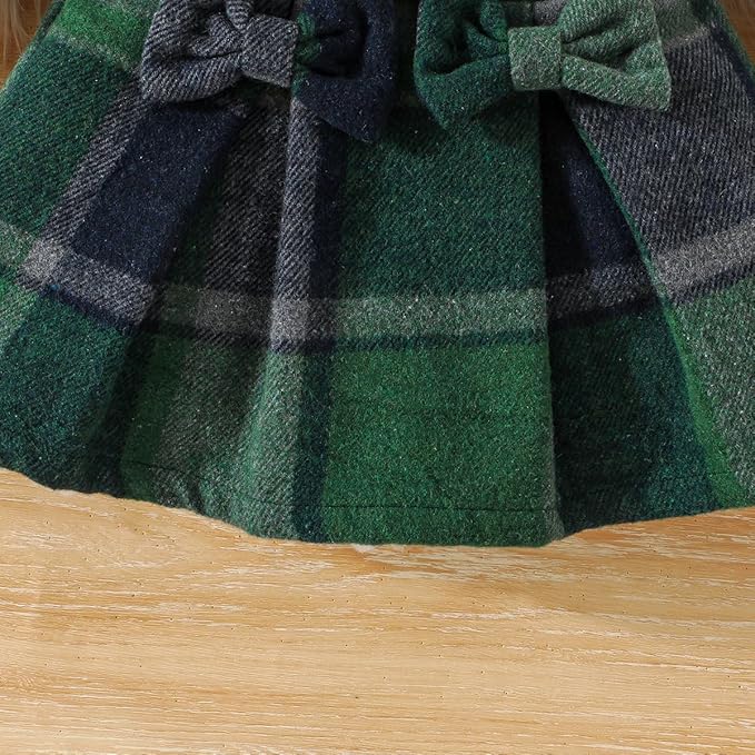 Toddler Baby Girl Plaid Dress Puff Sleeve Bow Patchwork Ribbed Shirts Dress Plaid Fall Winter Outfits with Headband