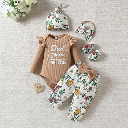 ChuYuKu Baby Girls Newborn Long Sleeve Romper Infant Winter Clothes Floral Pants Outfits with Headband & Mittens 0-6M