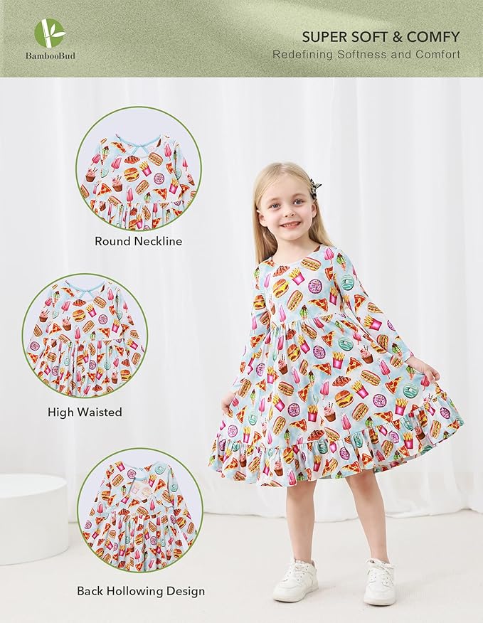 Toddler Girls Long Sleeve Nightgown Cute Little Kids Casual Dresses Viscose from Bamboo Princess Dress 2-5T