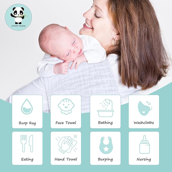 HIPHOP PANDA 10 Pack 6-Layers Muslin Burp Cloths Large - Durable 100% Cotton - Extra Absorbent and Soft Boys & Girls Rags for Newborn Registry (White+Sakura Series, 20" X10")