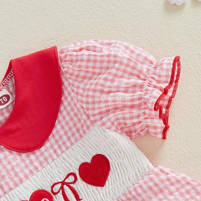 Baby Girl Valentines Day Outfit Newborn Romper Dress Heart Embroidery Puff Short Sleeve Plaid Skirt Hem Jumpsuit