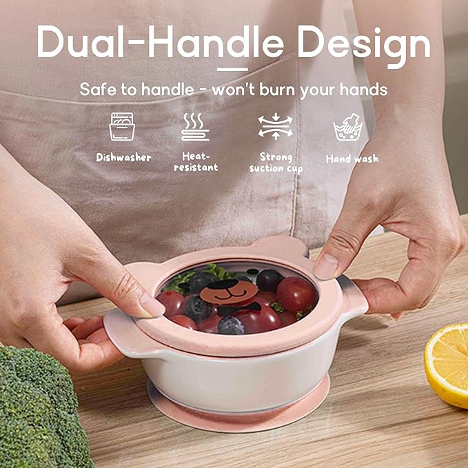 Ceramic Suction Bowl for Babies and Toddlers, Non-Slip Silicone Suction Cup, BPA-Free Lids, Independent feeding, First Stage Self Feeding Essential, Baby-Led Weaning Snack Feeder
