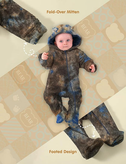 Jimonda Baby Tie Dye Snowsuit Winter Fleece Jumpsuit 0-18 Months, 100% Polyester Hooded Romper with Bear Ears for Infant