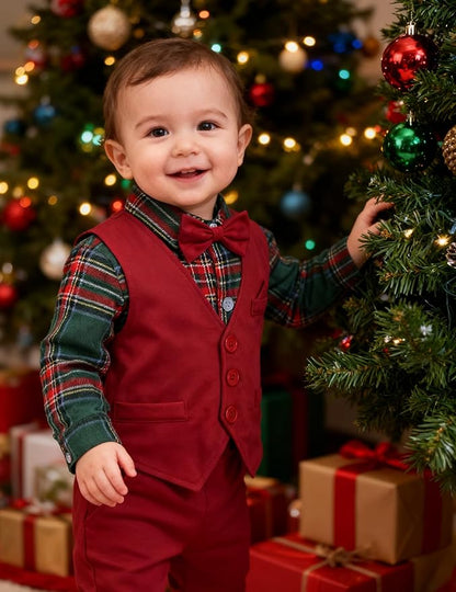 A&J DESIGN Baby Boy Suits Clothes Infant Toddler Formal Gentleman Outfits, Dress Shirt + Vest + Bow Tie + Pants Wedding Set