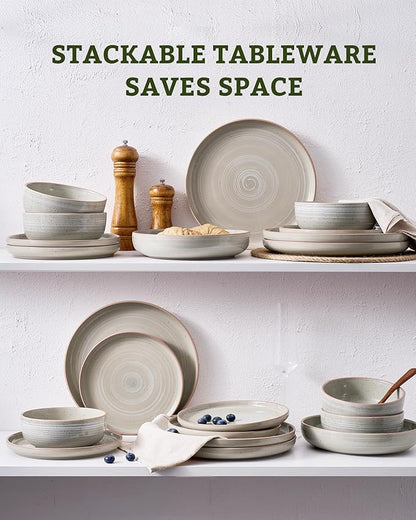 Famiware Meteor Plates and Bowls Sets, 24-Piece Stoneware Dinnerware Sets, Dishes Set for 8, Microwave and Dishwasher Safe Tableware, Matcha Green