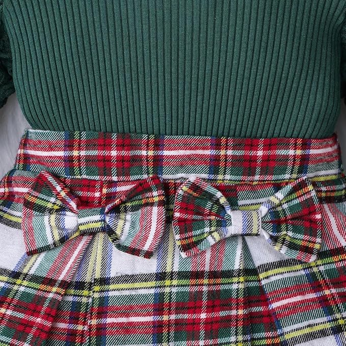 Toddler Baby Girl Plaid Dress Puff Sleeve Bow Patchwork Ribbed Shirts Dress Plaid Fall Winter Outfits with Headband