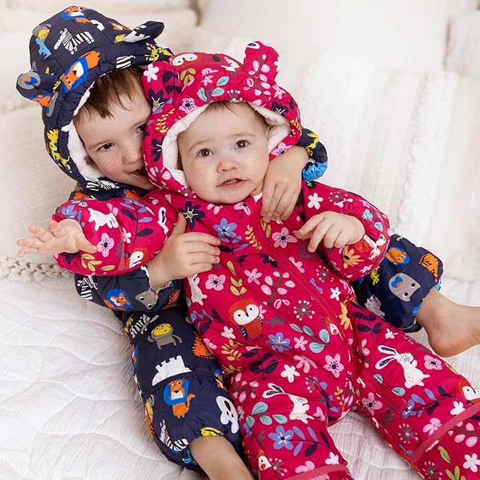JiAmy Baby Snowsuit Baby Printed Winter Clothes With Flod-Over Girl Boy Hooded Outfits Jumpsuit Coat