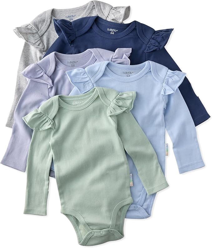 Ashley 5-Pack Long Sleeve Ruffle Shoulder Bodysuits 100% Organic for Baby Girls