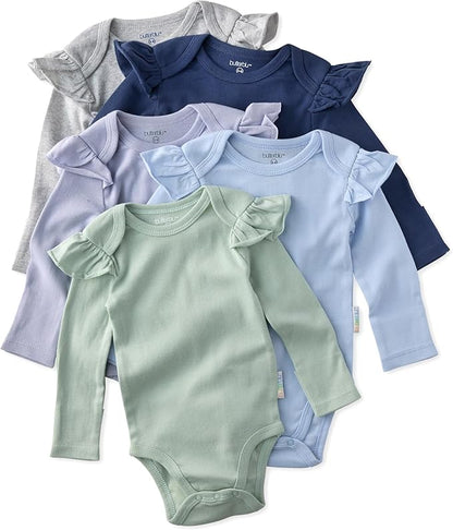 Ashley 5-Pack Long Sleeve Ruffle Shoulder Bodysuits 100% Organic for Baby Girls