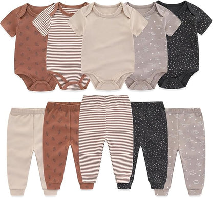 Baby Boy Girl 10 Piece Combined Type Clothing Set Cotton Baby Bodysuits and Pants Set Home Outdoor Infant Clothes