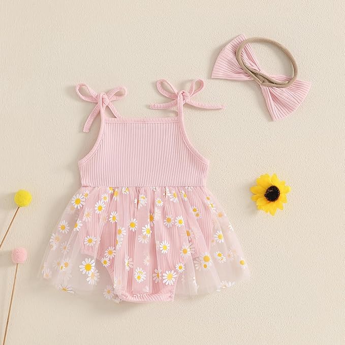 Baby Girl Clothes Daisy Ribbed Bodysuit Sleeveless Romper Dress Summer Outfit for Girls Newborn 3 6 9 12 18 Months