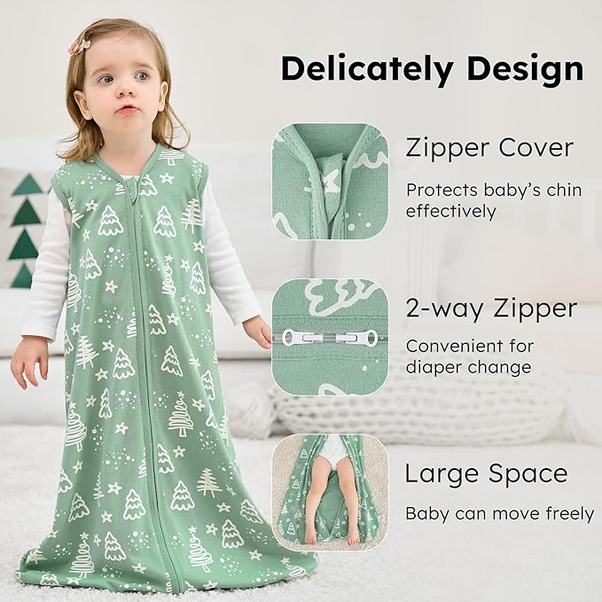 Baby Sleep Sack 6-12 months, 100% Cotton Sleeping Sack for Newborn and Infant, 3 Pack Baby Wearable Blanket for Boy and Girl, 0.5 Tog Lightweight Double Zipper Sleep Bag Green Apricot Bear