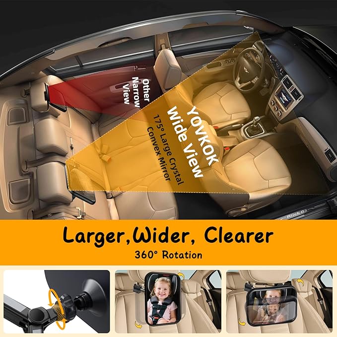 Car Mirror for Baby, Safety Car Seat Mirror for Baby Rear Facing with Clear Vision, Upgraded Hook Clip Design, 360 Rotation, Wide Crystal View, Shatterproof Crash Tested and Certified