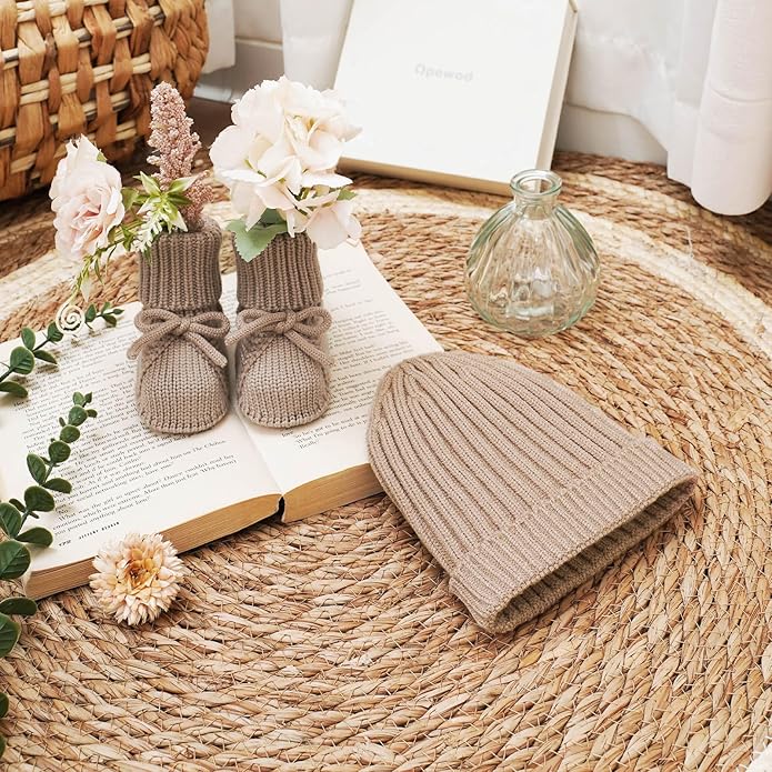 Opewod Baby Hat Booties Set Newborn First Walkers Cozy Socks Shoes Warm Knit Booties Soft Cap for Toddler Infant Boy Girl
