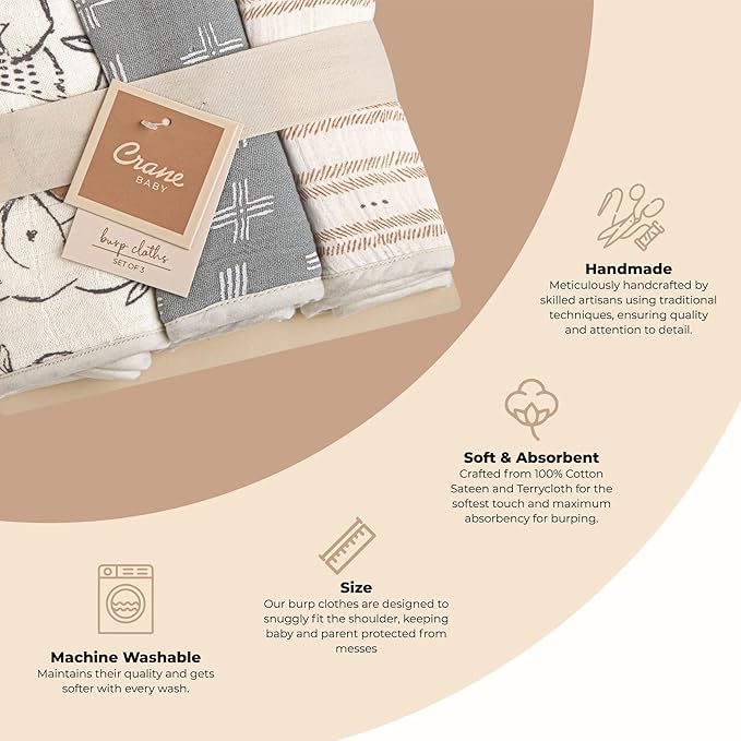 Crane Baby Muslin Burp Cloths Set, Woodland Animals, Gender Neutral Baby Gift, Absorbent Cotton Terry Backing, Machine Washable, 7" X 20"