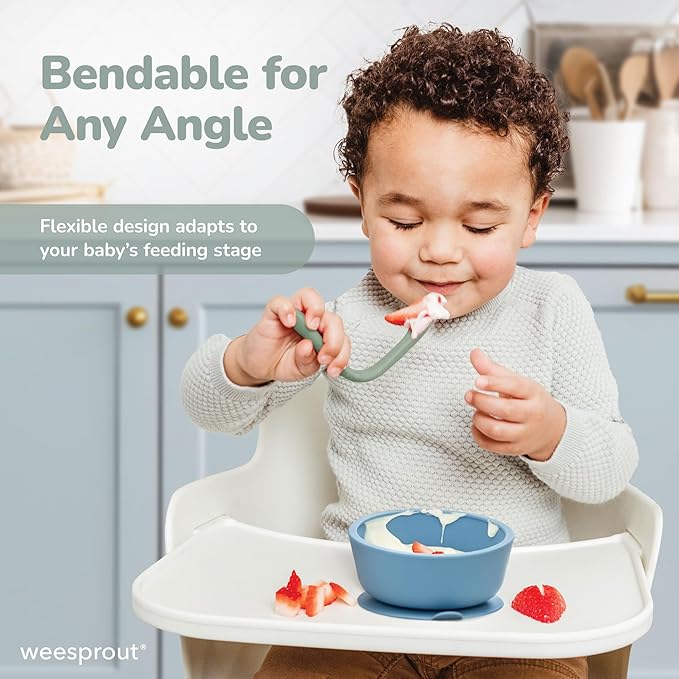 WeeSprout Silicone Baby Spoons - First Stage Infant Feeding Utensils With Soft-Tip, Bendable Kitchenware for Parent & Self-Feeding, Ultra-Durable, Dishwasher Safe, Travel Case, Set of 3