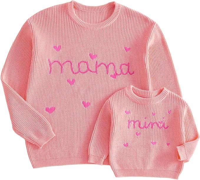 Mommy and Me Sweater Matching Family Outfit Long Sleeve Knit Sweater Pullover Mom and Baby Clothes