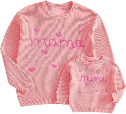 Mommy and Me Sweater Matching Family Outfit Long Sleeve Knit Sweater Pullover Mom and Baby Clothes