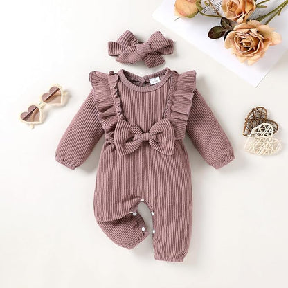 Happy Town Baby Girl Romper Infant Fall Winter Clothes Ruffle Sweater Long Sleeve Bodysuit Jumpsuit and Headband