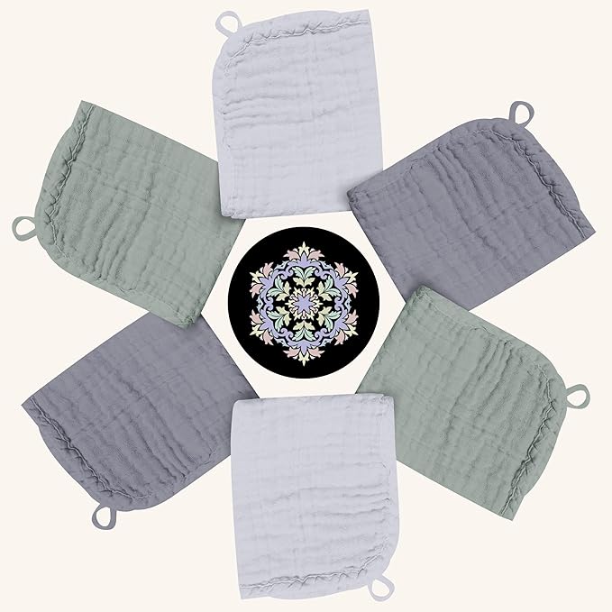 Baby Washcloths -100% Cotton Muslin Soft Baby Bath Wash Cloths and Absorbent Baby Wipes for Newborns Kids Girls and Boys - 12 Pack, 12x12 Inches - Grey, Green, Slate