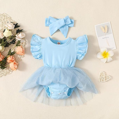 Baby Girl Clothes Infant Ruffle Sleeve Romper Dress Newborn Solid Tutu Skirt Sets Jumpsuit Headband Outfit