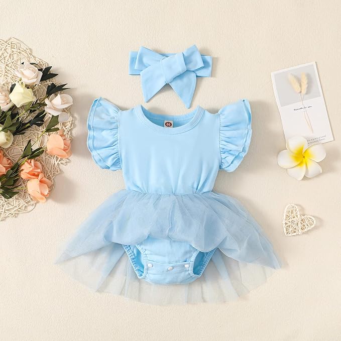 Baby Girl Clothes Infant Ruffle Sleeve Romper Dress Newborn Solid Tutu Skirt Sets Jumpsuit Headband Outfit