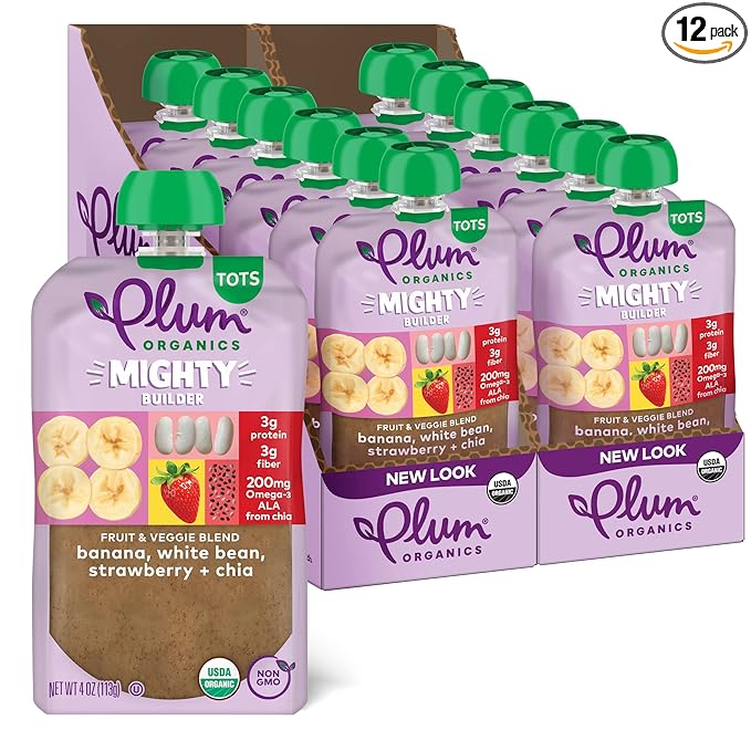 Plum Organics Mighty Builder Organic Toddler Food - Banana, White Bean, Strawberry, and Chia - 4 oz Pouch (Pack of 12) - Organic Fruit and Vegetable Toddler Food Pouch