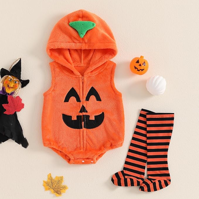 Baby Halloween Costumes Bee/Pumpkin/Ghost Costume Zipper Hooded Sleeveless Romper Stockings Infant Halloween Clothes