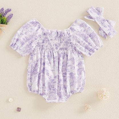 Infant Baby Girls Romper Floral Ruffle Sleeve Pleated Smocked Bubble One Piece Ruched Jumpsuit Summer Bodysuit